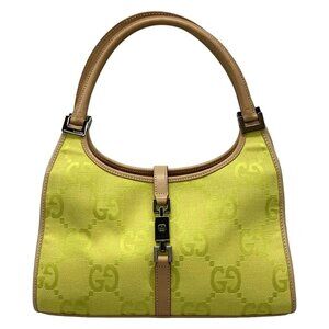 Auth GUCCI Jackie, GG Pattern 21068 Yellow Beige Jacquard Leather - Handbag